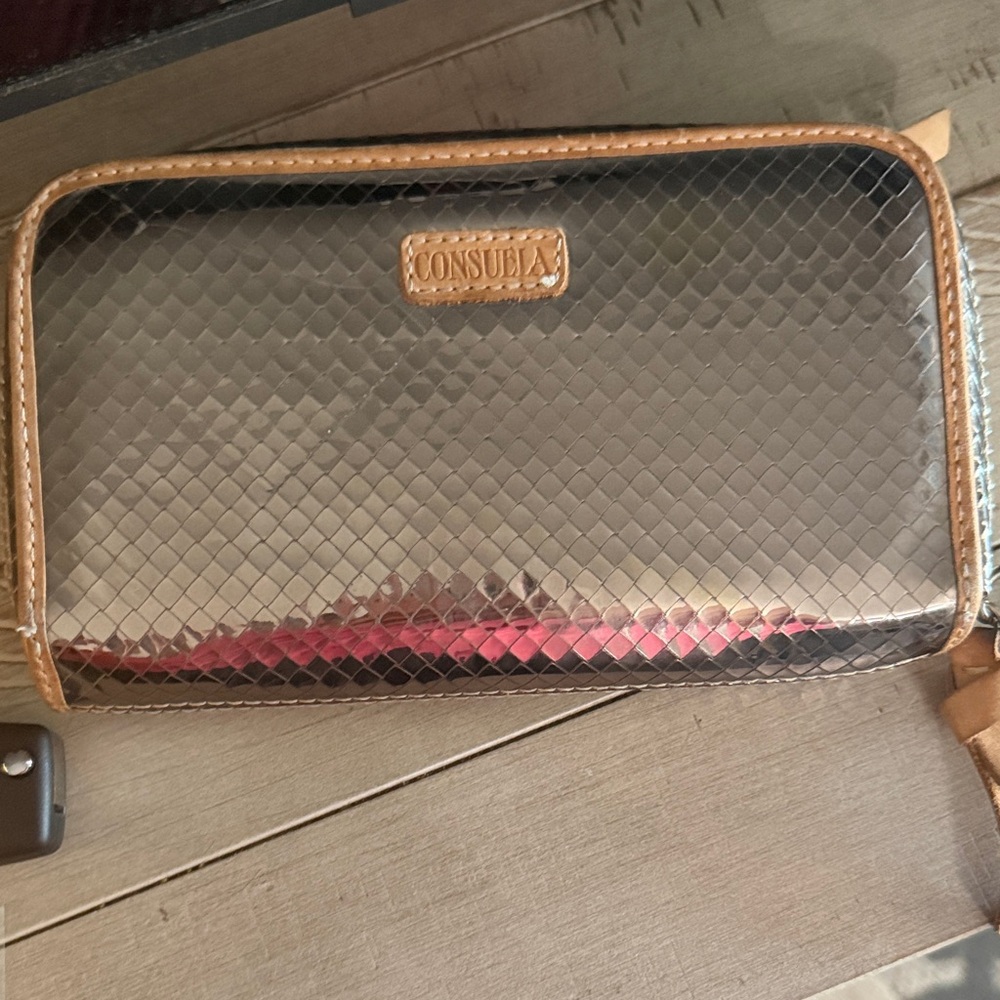 Consuela Metallic Silver and Tan Clutch